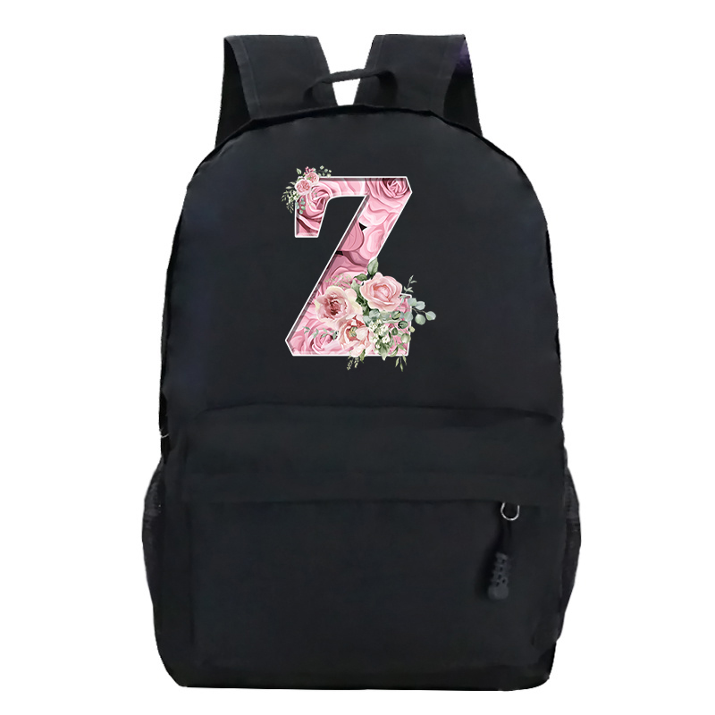 Pink Rose Alphabet Backpack Black Casual Women Aesthetics Rucksack Teenage Girl Boy Flower Letter School Bag Student Mochilas