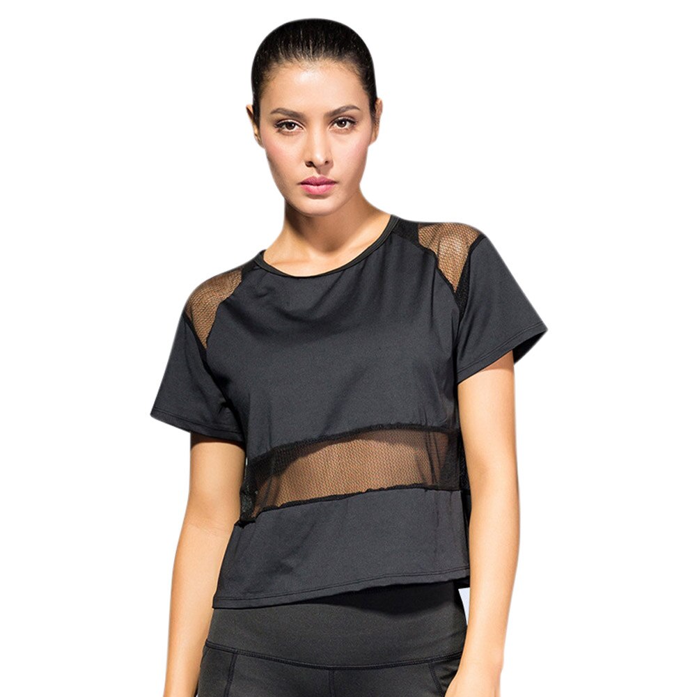 Vrouwen Sportwear Sneldrogende Ademend Splice Mesh Losse Tops Voor Yoga LMH66: black / M