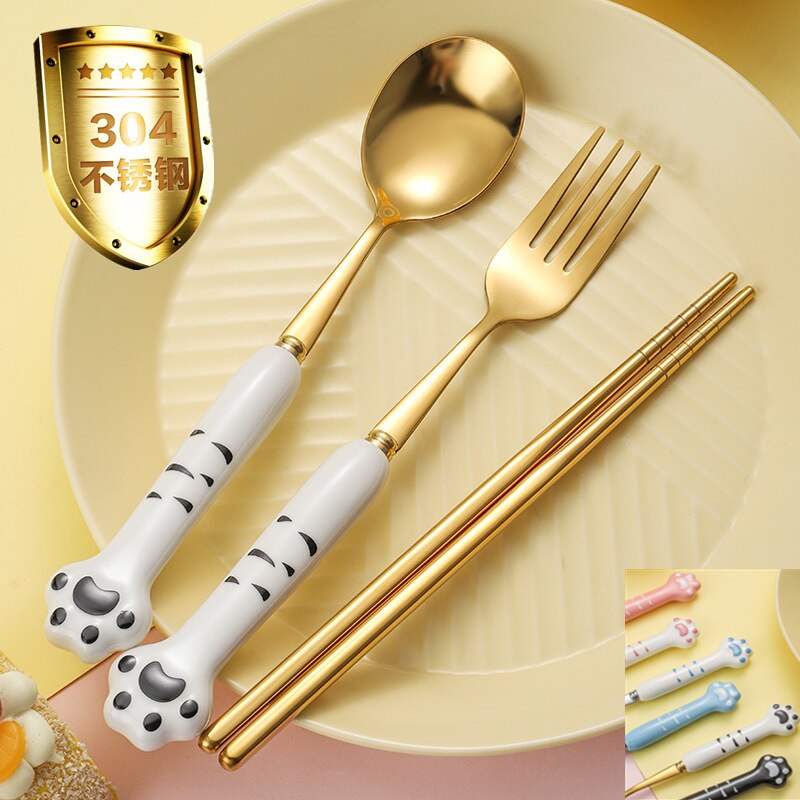 Cute cat claw ceramic 304 stainless steel tableware spoon fork chopsticks cute cartoon spoon gold spoon fork