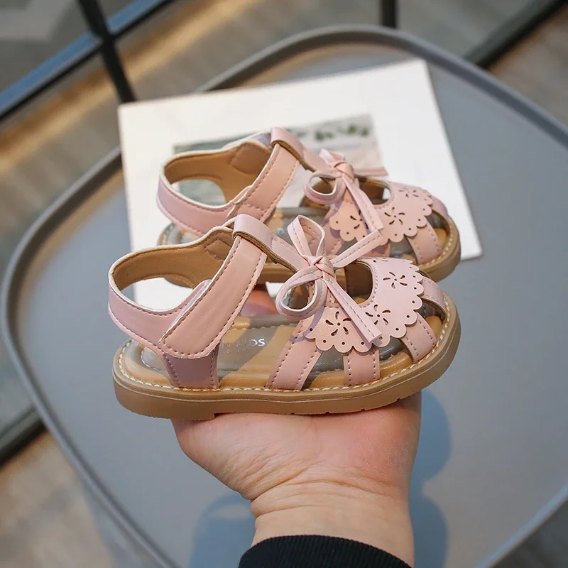 Sandalias de bebé para niñas, zapatos suaves Beige con lazo de verano para caminar para niñas de 2 a 12 años, sandalias antideslizantes de rosa para niños, zapatos de bebé