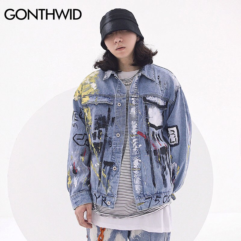 GONTHWID encre Graffiti imprimer Denim manteaux Hip Hop Punk Rock jeans décontractés vestes Streetwear hommes Hipster veste Outwear homme