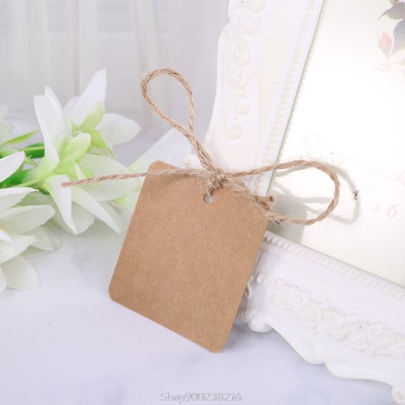 Etiquetas de papel Kraft cuadradas en blanco para , etiqueta de boda, tarjeta de precio, artesanía con hilo de yute de 10m, S15 20, 100 Uds.,