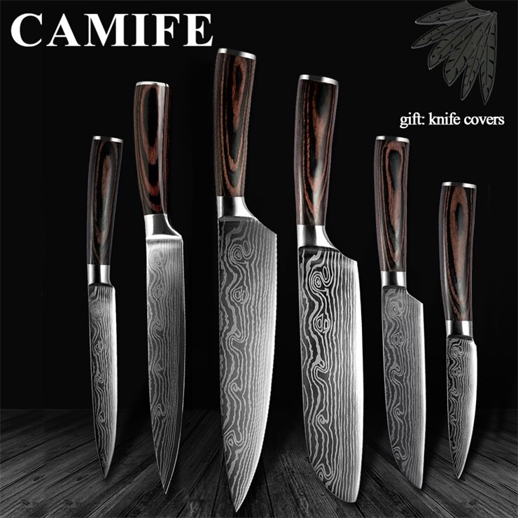 Super 8"inch Utility Chef Knives Imitation Damascus Steel Vein Santoku Kitchen Knives Carving Cleaver Slicing Knife: H.6 Pcs set