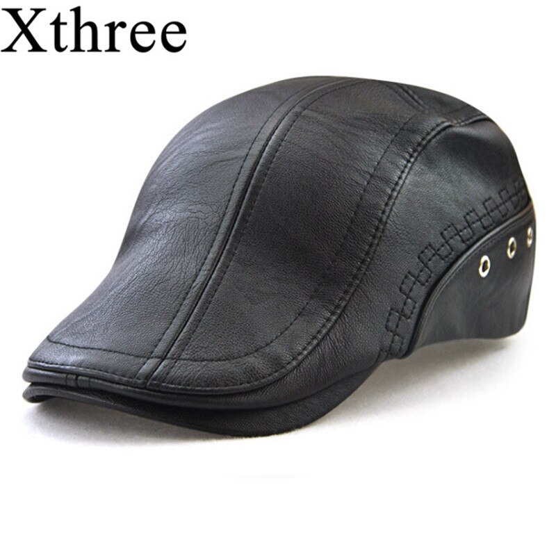 Xthree spring herre hat imiteret læder baret hat casquette cap hatte til mænd visir solhat gorras planas flade kasketter pu: Sort