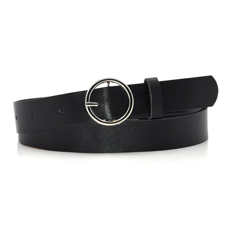 Cinturones de cuero con hebilla redonda para mujer, cinturón clásico Retro de que combina con todo, con hebilla redonda, para Vaqueros: Silver Black