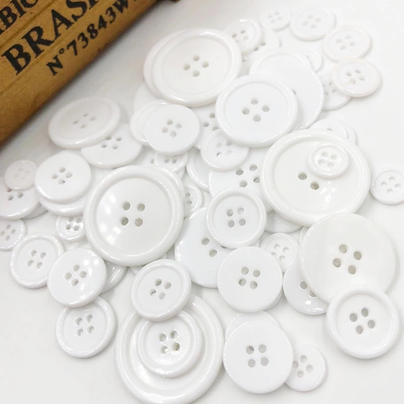 Boutons en plastique, 50/100 pièces, 9/11/15/20/25/30mm, couleur mixte, 4 trous en plastique, artisanat, couture de vêtements pour enfants, Notions de couture: White / 11mm 100PCs
