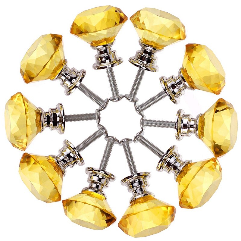 Stor gul 10 stk 40mm krystal glas skabsknopper diamant form skuffe køkkenskabe kommode skab garderobe trækker