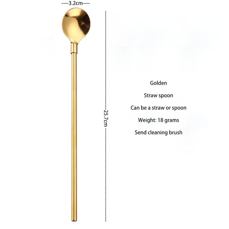 Stainless steel reusable western food straw spoon tableware dualuse dessert soup spoon cola drink straw ice spoon stirring spoon: 25.7cm gold