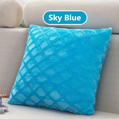 1Pcs 43*43cm Plaids Pattern Soft Short Velvet Throw Pillow Cushion Cover Seat Car Home Sofa Bed Decorative Pillowcase 40059: Sky Blue