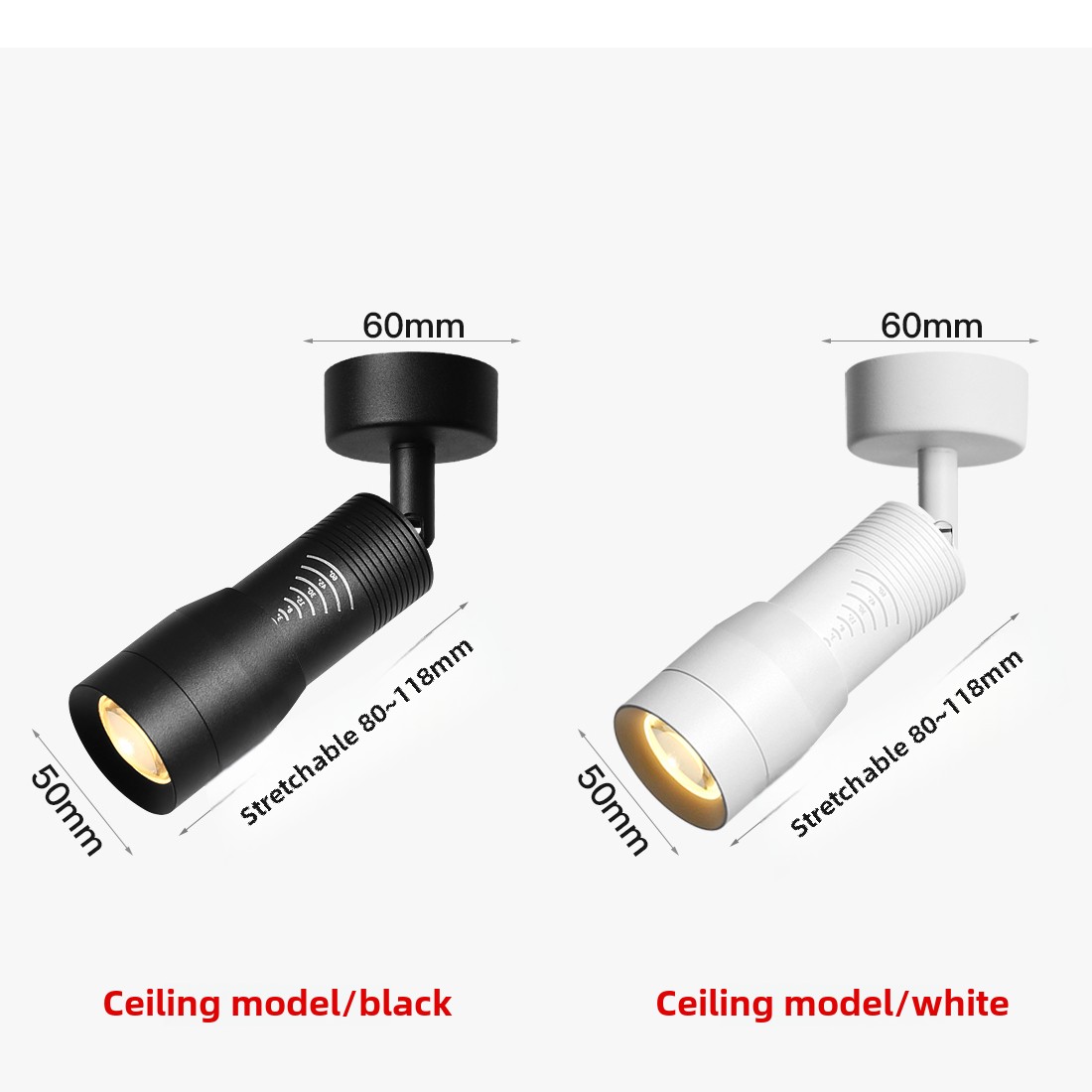 Verstelbaar 5 ° ~60 ° Smalle stralingshoek Zwart Wit LED-focus Opbouw plafondspots 7W zoombare spots met zoom