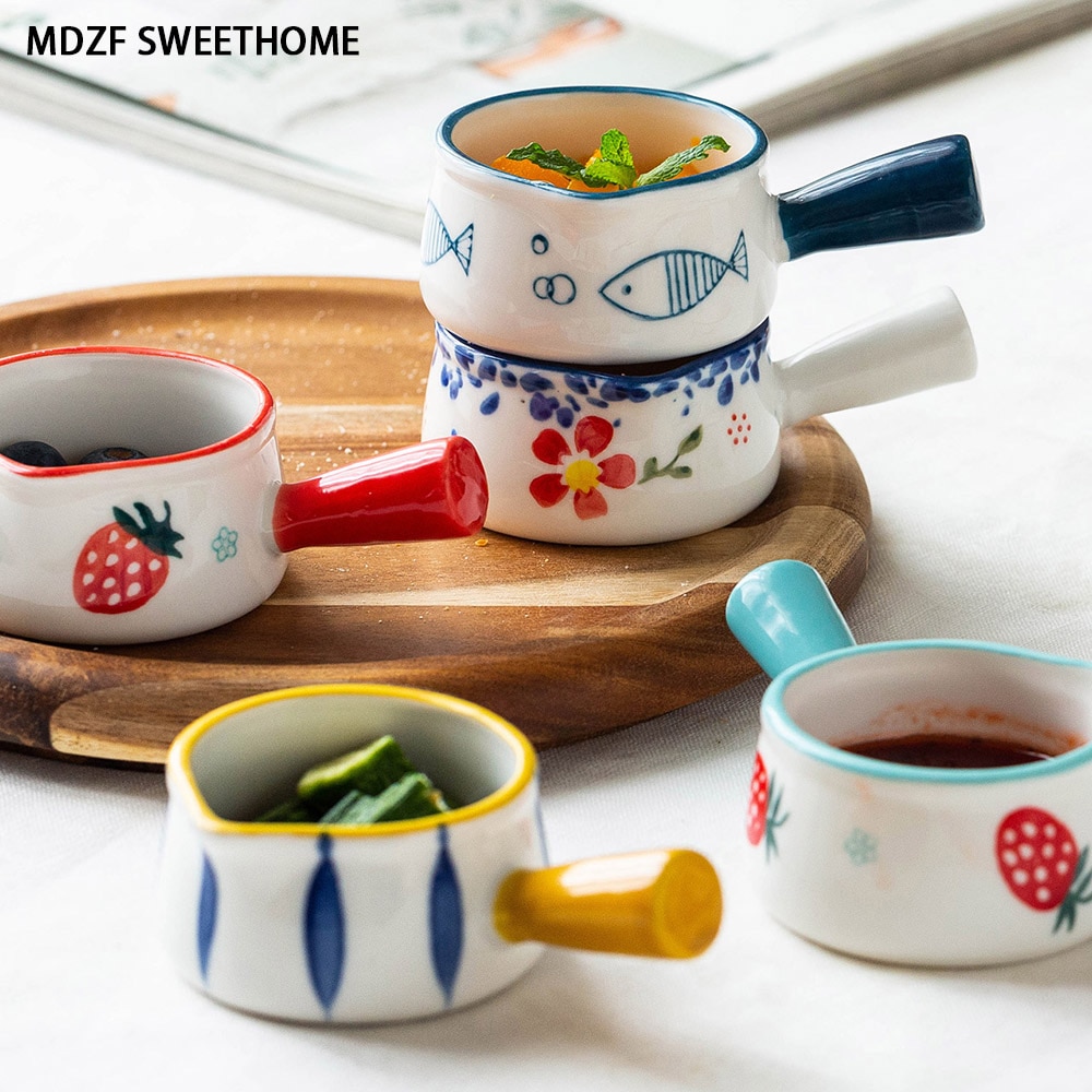 Mdzfsweethome Keramische Mini Pan Melk Pot Melk Cup Met Handvat Koffie Suiker Kommen Aardbei Bloemen Patroon Keuken Kookgerei