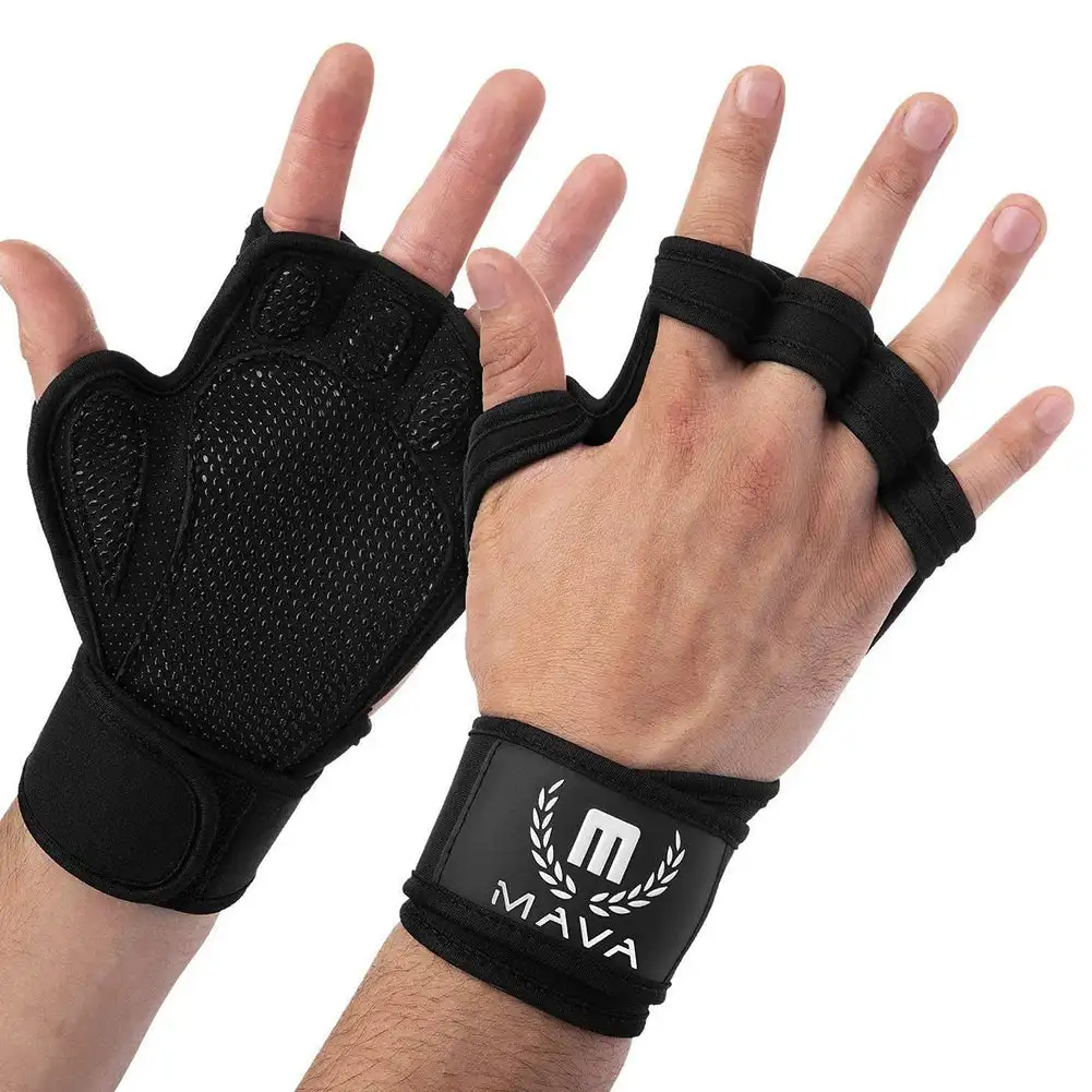 Luvas de musculação para homens e mulheres, protetor de palma, fitness, esportes, musculação, ginástica, mão, pulso, 2 peças: Preto / L