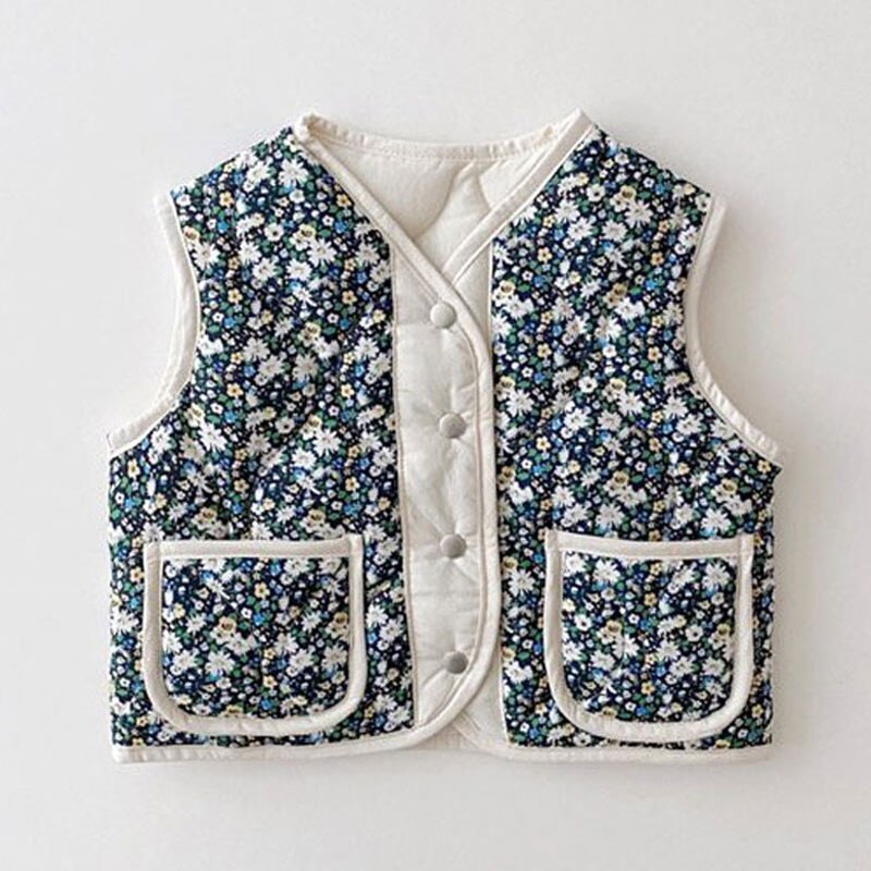 Herfst Baby Bloemen Mouwloze Jas Katoen Kinderen Warm Vest Voor Meisjes Kleding Mode Baby Boy Dubbelzijdig Winddicht vest: dark blue / 3T  100cm