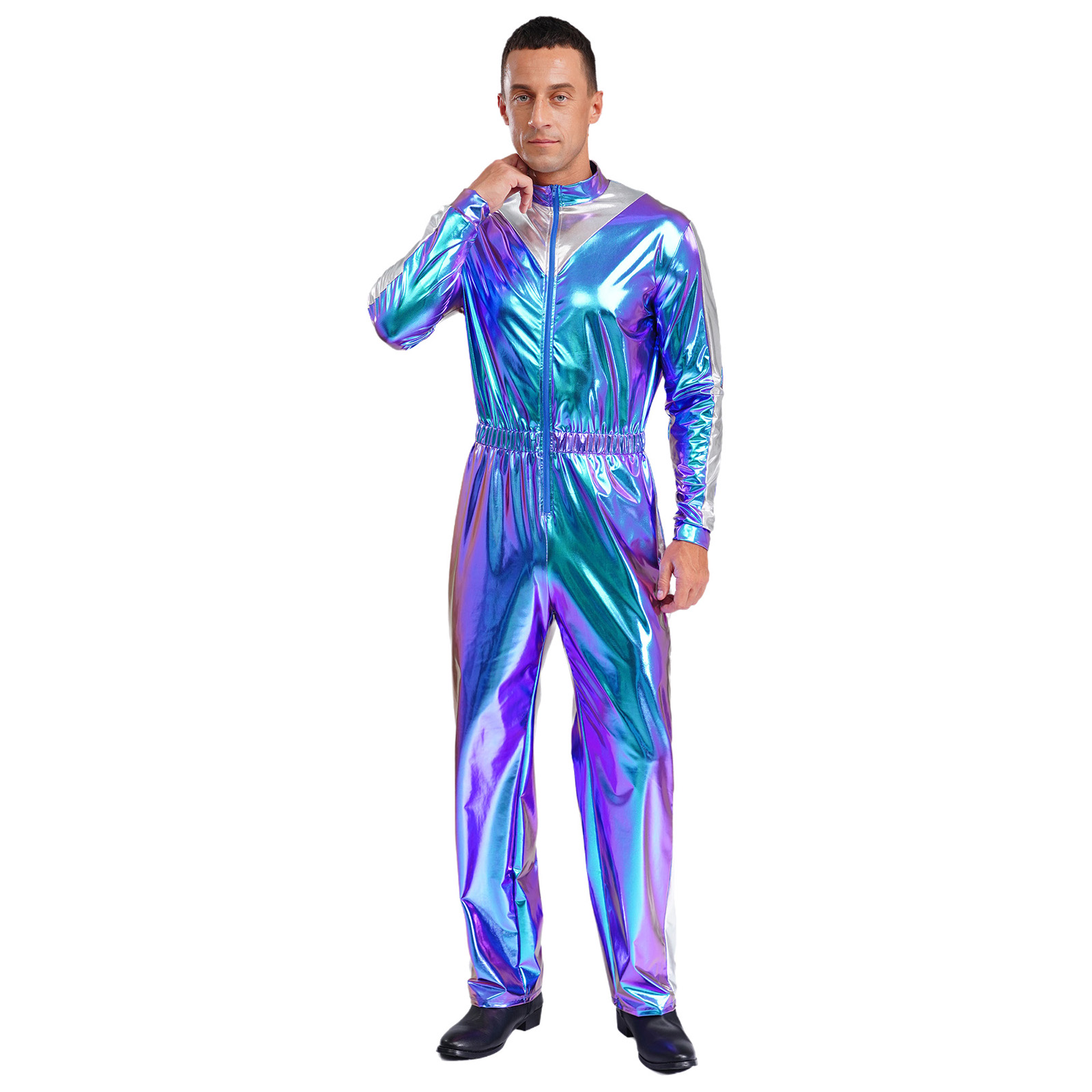 Mens Sparkly Shiny Astronaut Alien Outer Space Cosplay Costume Long Sleeves Unitards Jumpsuit Rave Club Wear Spaceman Outfits