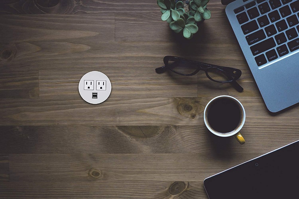 Desktop Power Grommet Hub 2 Power Socket & Dual USB Ports For Office Desk Table Durable Plastic Top (White) with 6 FT Power Cord