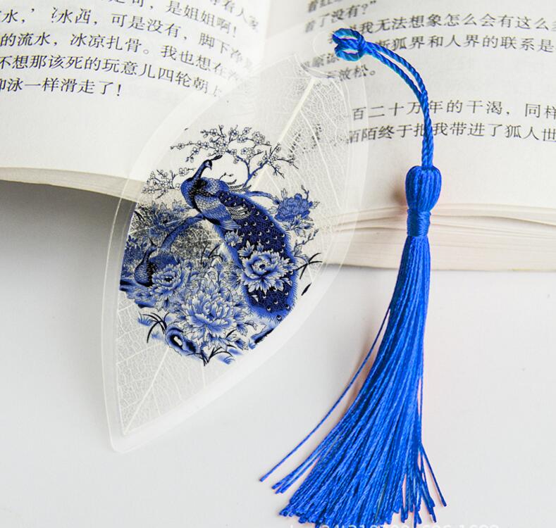 Waterproof Transparent PVC Plastic bookmarks Chinese style bookmark Tassel Bookmarks Collectibles leaf Vein bookmark: 5 peacock