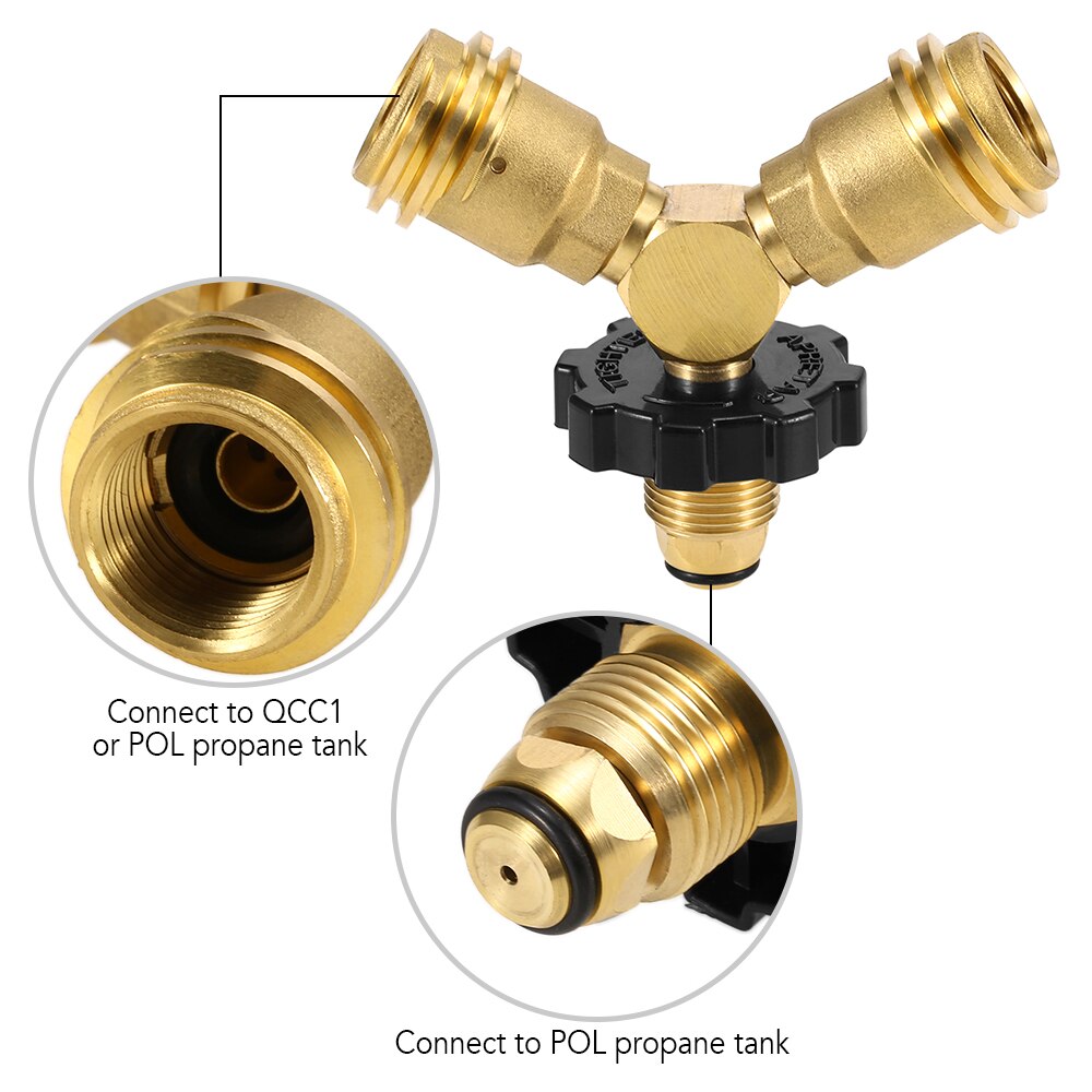 Propane Tank Y-Splitter Adapter Two Way LPG Adapter Tee Connector QCC1 Tank T Adapter with Gauge for BBQ Camping Stoves Heater