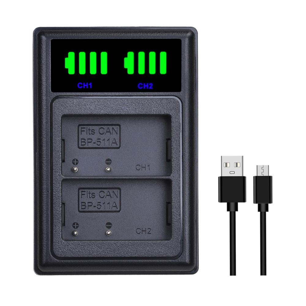 2Pcs 2400mAh BP-511 BP-511A BP 511 Battery + LED Dual USB Charger with Type-C port for Canon EOS 40D 300D 5D 20D 30D 50D 10D G6