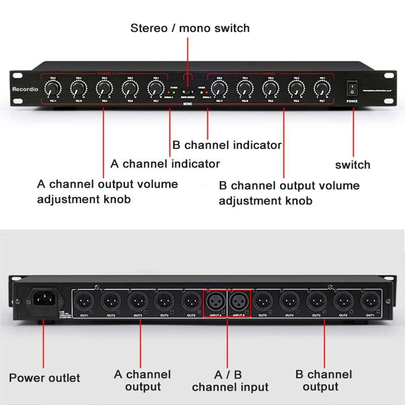 Distributore Stereo 2 dell&#39;amplificatore del separatore del segnale Audio dell&#39;attrezzatura professionale di GAX-206 Mono in 10 XLR fuori per la fase