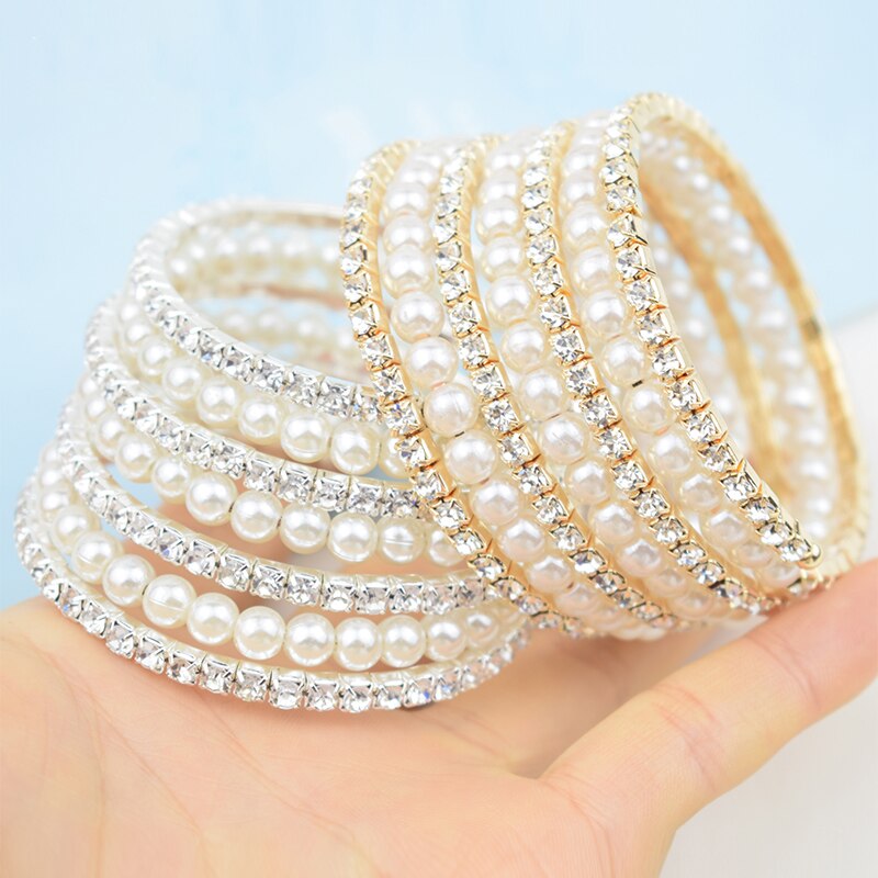 Bracelets multicouches élégants en cristal pour femmes, Imitation perle, plaqué or et argent,