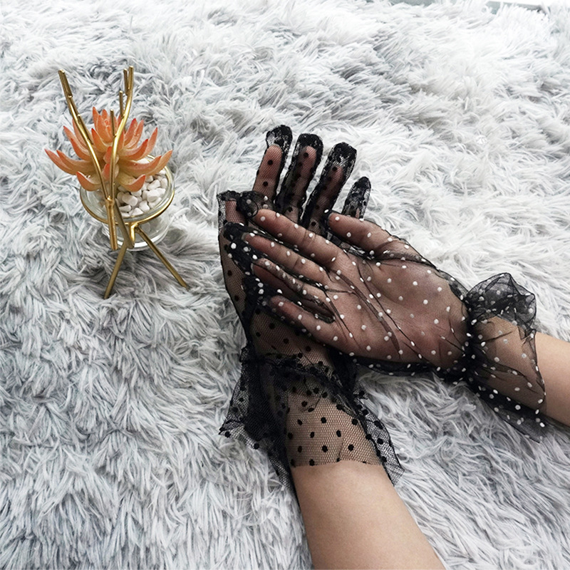 Female Gloves Transparent Dot Tulle Fishnet Gloves Black Bow Wrist Length Bridal Gloves Finger Short Mittens Wedding Accessories