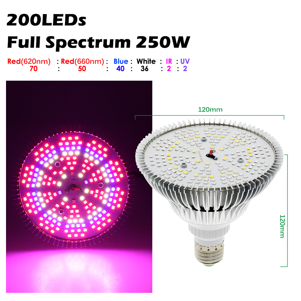 Phyto-lampe LED pour culture hydroponique de légumes, E27, 250W, éclairage à spectre complet pour plantes à floraison, SMD2835: Full Spectrum 250W