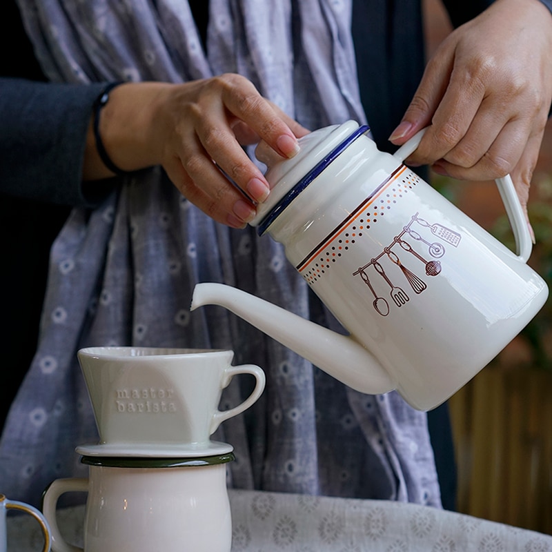 1100ML Japanese Pour Over Drip Coffee Kettle Enamel Heatable Water Tea Pot Pitcher Cafetera Barista Milk Jug For Induction Gas