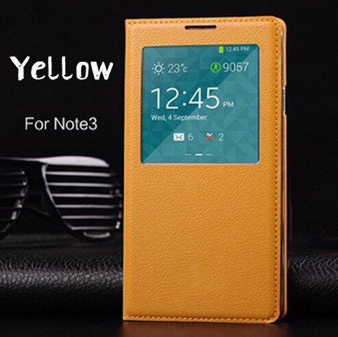 Flip Cover Leather Phone Case For Samsung Galaxy Note 3 Note3 Not III SM 9005 N900 N9005 SM-N900 SM-N9005 Smart View Sleep Wake: Yellow
