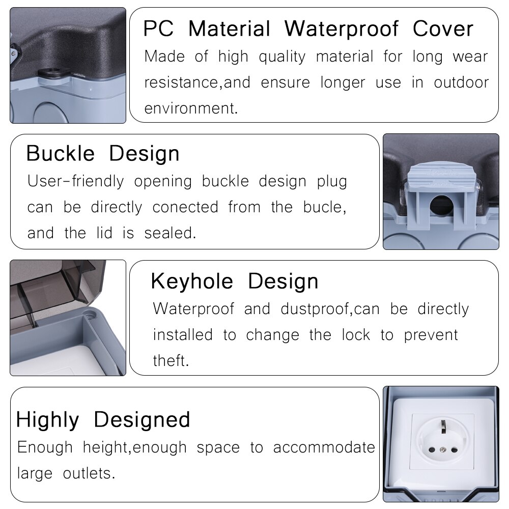 1Pc IP66 Stopcontact Outdoor Waterdichte Duitse Eu Plug Socket Regendicht Outdoor Geschakeld Stopcontact Buiten Gebruik