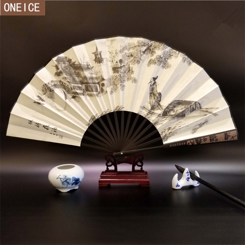 Kinesisk fan bambusventilator benprint 10 tommer stor fan foldbar bryllupsdekoration foldevifte klar til gæstes souvenirs