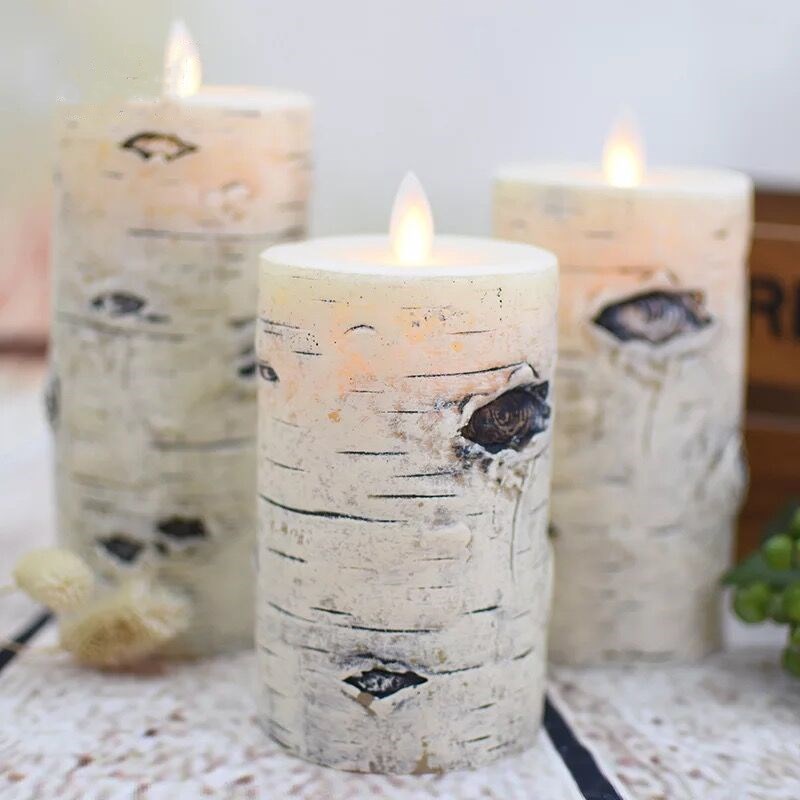 set of 3 Battery operated Dancing Swinging wick LED Candle Paraffin Wax Wedding Birthday Home Party Decor Birch Pillar Lights