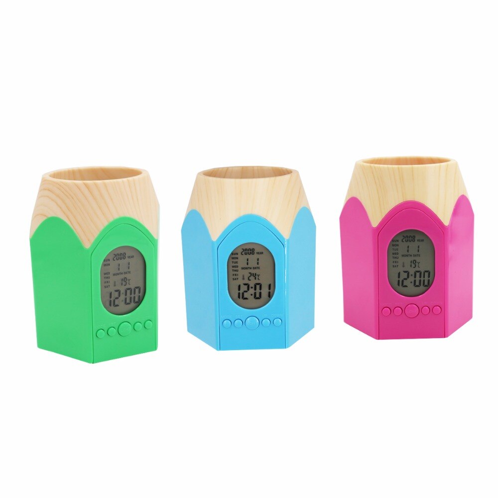 Pencil Head Shape Pen Holder with LED Digital Alarm Clock Multi-function Pencil Pot Table Clock with Office Temperature Calendar
