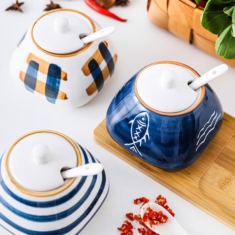 Hand-painted Underglaze Japanese Ceramic Seasoning Box Set Restaurant Household Kitchen Seasoning Pot With Lid LD621