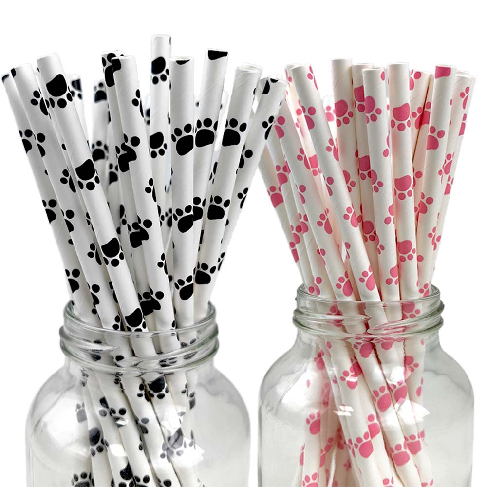 Canudos de papel com estampa de pata de cachorro, 25/50/100/200 peças, canudos de papel para cachorro, canudos para beber temáticos de cachorro, decorações de festa de aniversário de cachorro