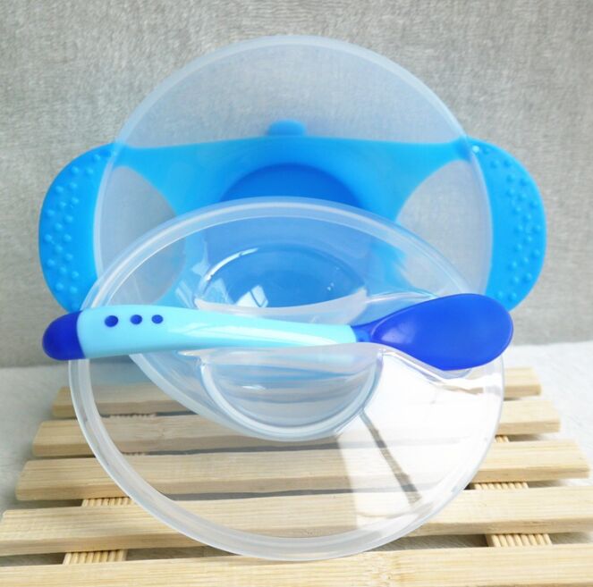 Alimentação sólida bebê pratos de alimentação utensílios de mesa crianças tigela comida temperatura sensing colher + prato capa pratos louça conjunto: Baby Dish Blue 01