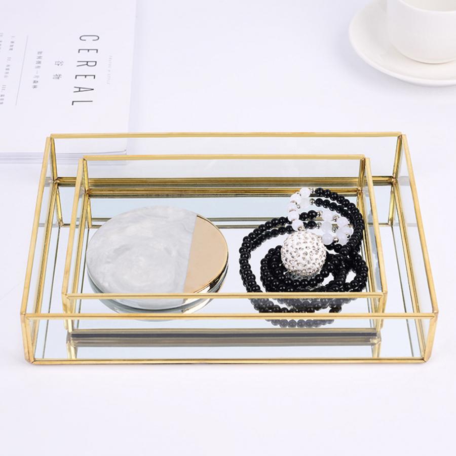 Nordic retro oppbevaringsbrett gull rektangel glass makeup organisator brett leppestift, øyenbryn, parfyme smykker display oppbevaringsboks