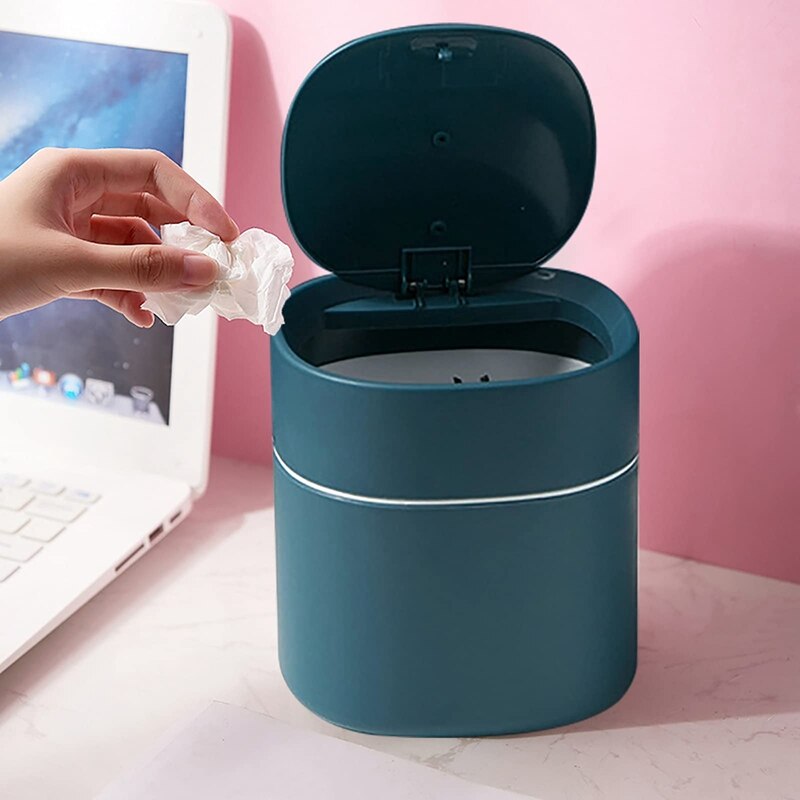 Mini Trash Can Desktop Waste Bin with Press-Open Lid Small Table Top Bin Graceful Round Corner Paper Bin for Home