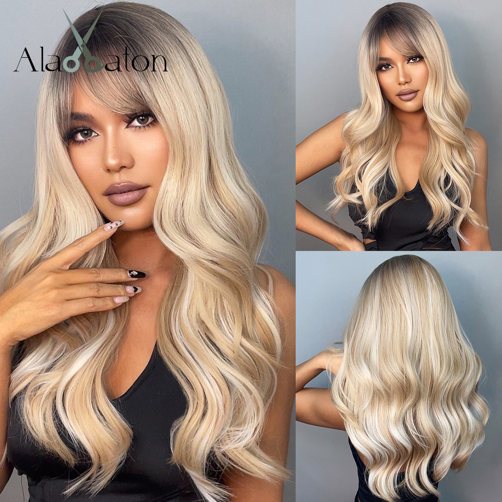 Alan eaton lang naturlig bølge parykk for kvinner ombre svart brun gylden blond syntetisk parykk med pannelugg cosplay varmebestandig hår