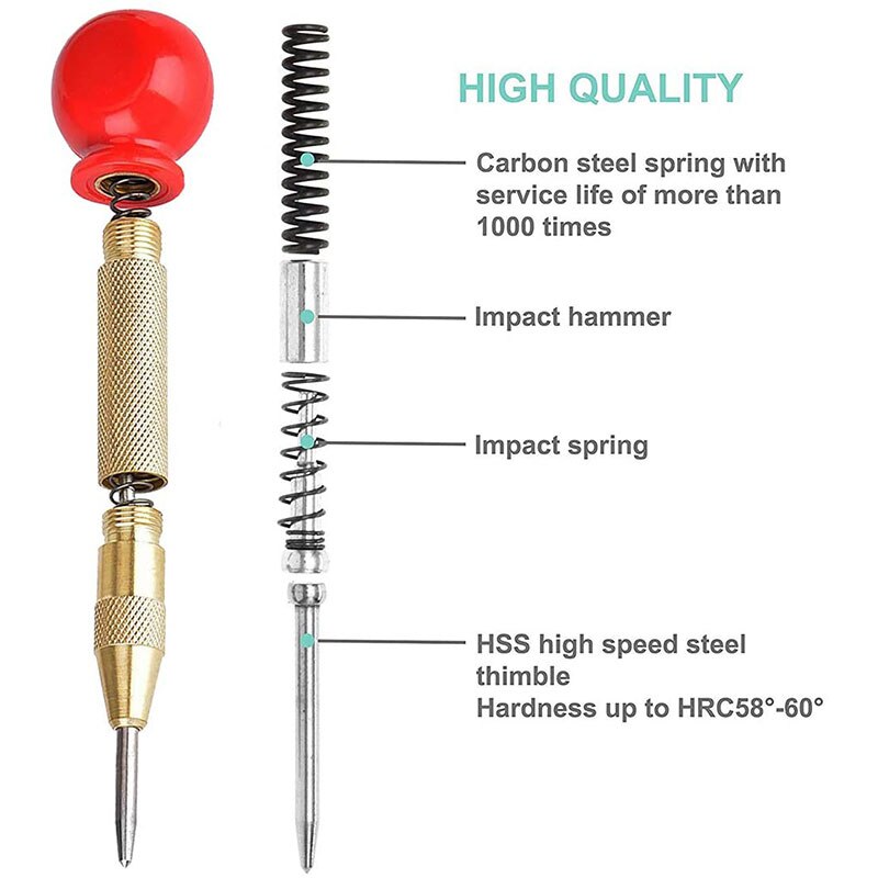 2 Pack Automatic Drill Center Punch Spring Loaded Crushing Hand Tool with Steel Center Hole Punch Marker Scriber