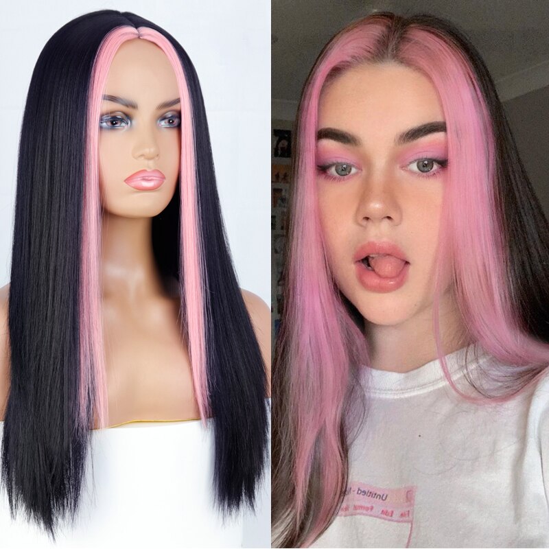 Lange Donkerroze Pruik Schuine Pony Roze Unicorn Eenhoorn kopen Lange Donkerroze Pruik Schuine Pony Roze Unicorn Eenhoorn kopen