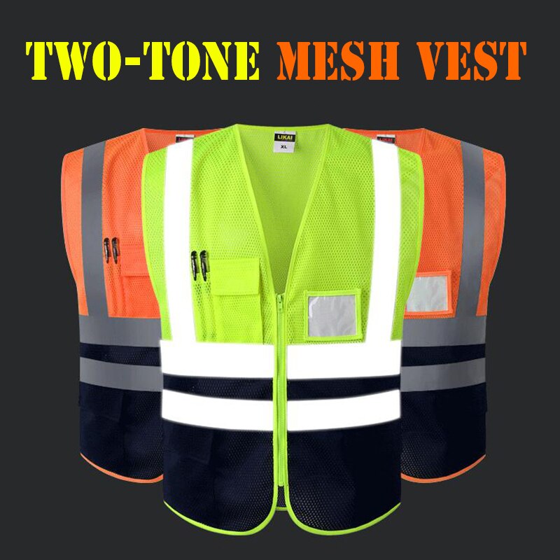 High visibility vests reflective safety tops for women men unisex construction worker builder two tone yellow black orange black