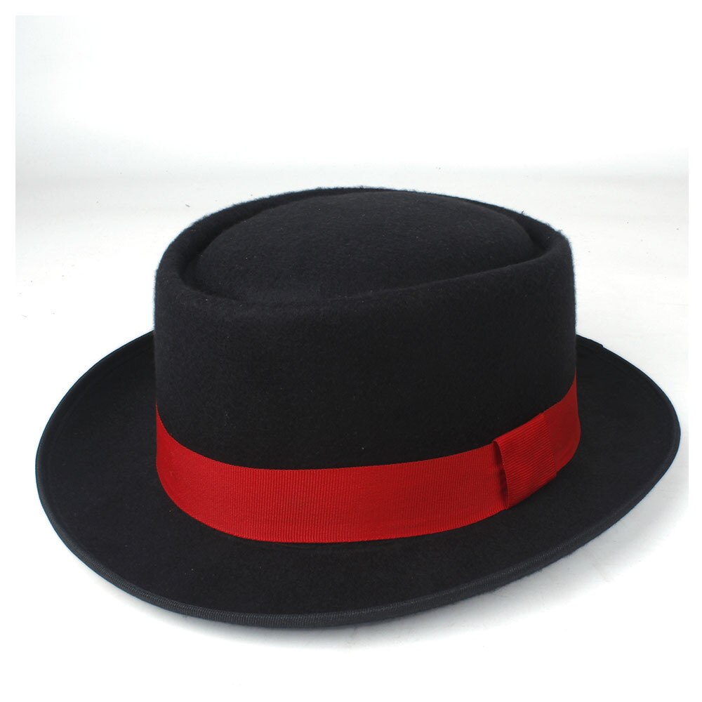 Unisex Men Women Pork Pie Hat with Red Ribbon Pop Jazz Hat Wool Flat Fedora Hat Size 58CM