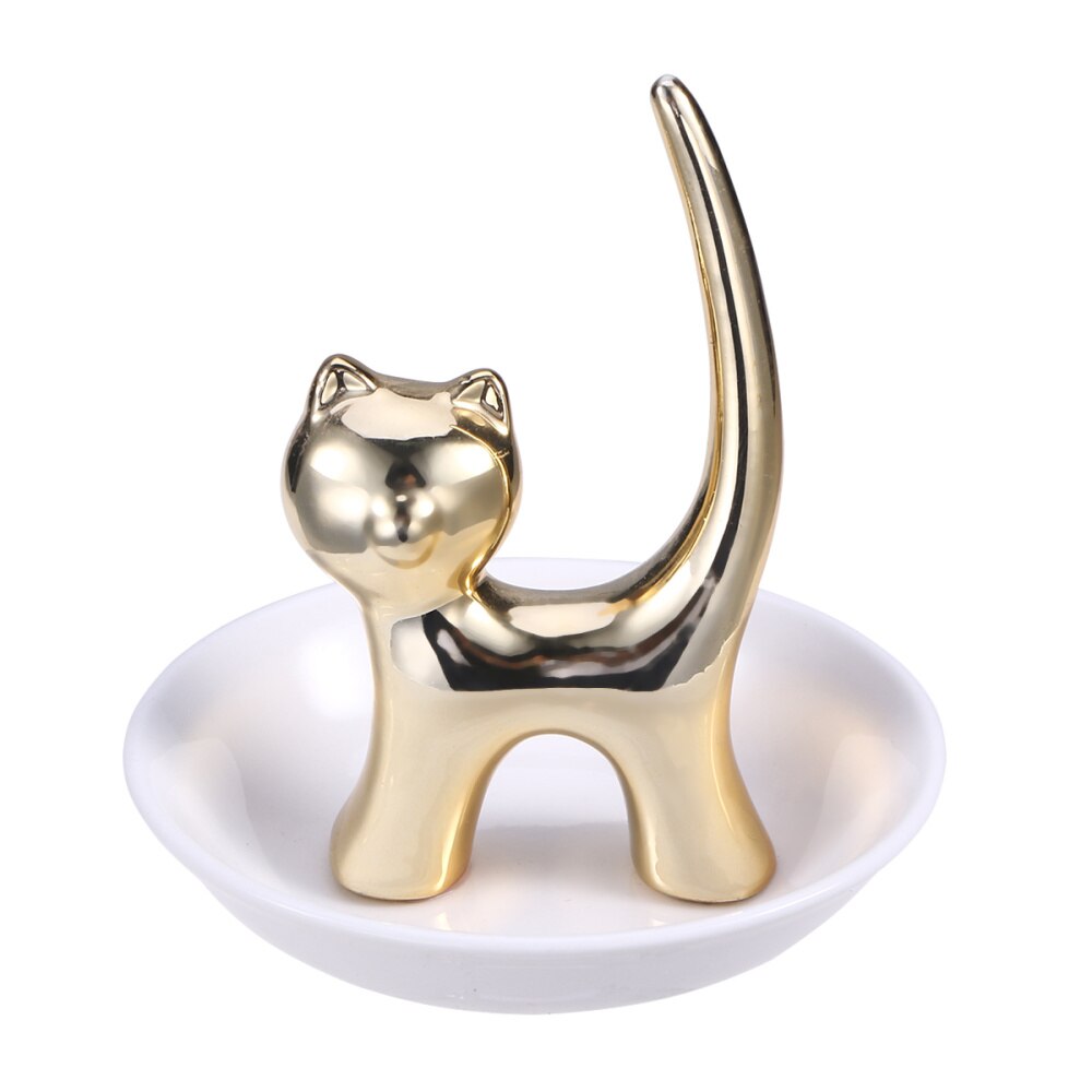 Plato de cerámica con forma de gato dorado para almacenamiento de joyas, bandeja decorativa para anillos, adorno de escritorio para pulsera, pendientes, collar