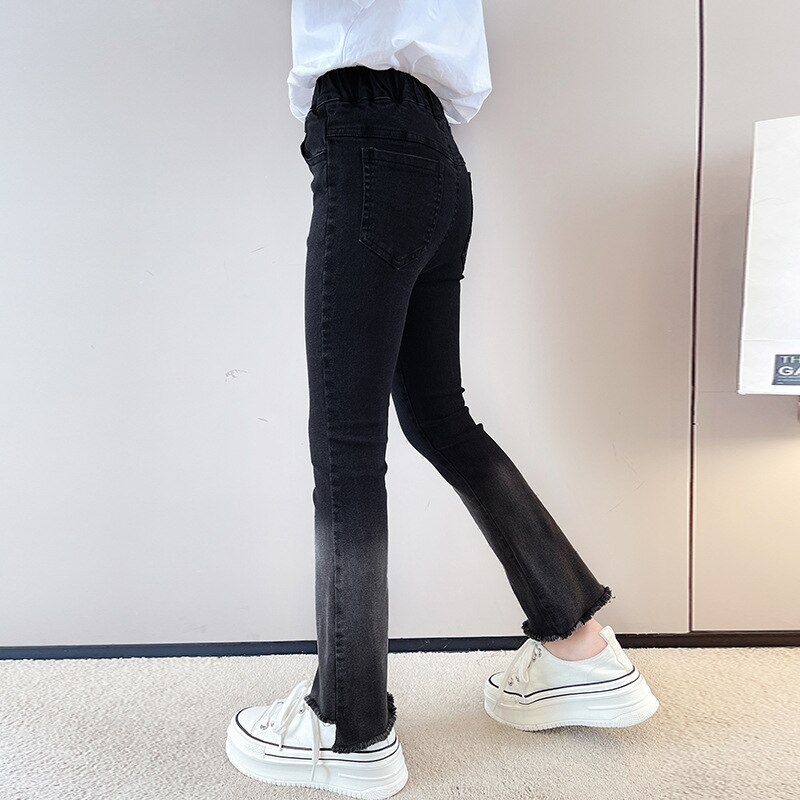 Jean évasé noir pour adolescentes de 12 à 15 ans, pantalon en Denim, taille moyenne, Style coréen, assorti avec tout, collection printemps et automne, pour enfants