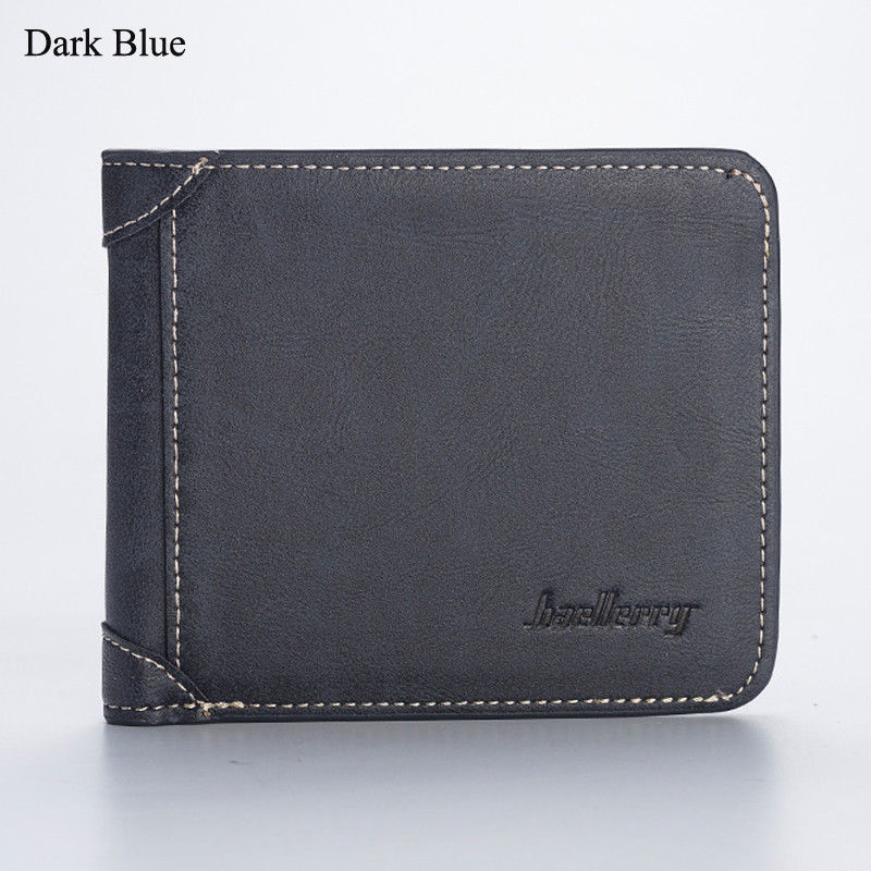 Men's classic wallet PU leather solid color three fold without zipper clutch card: Dark blue