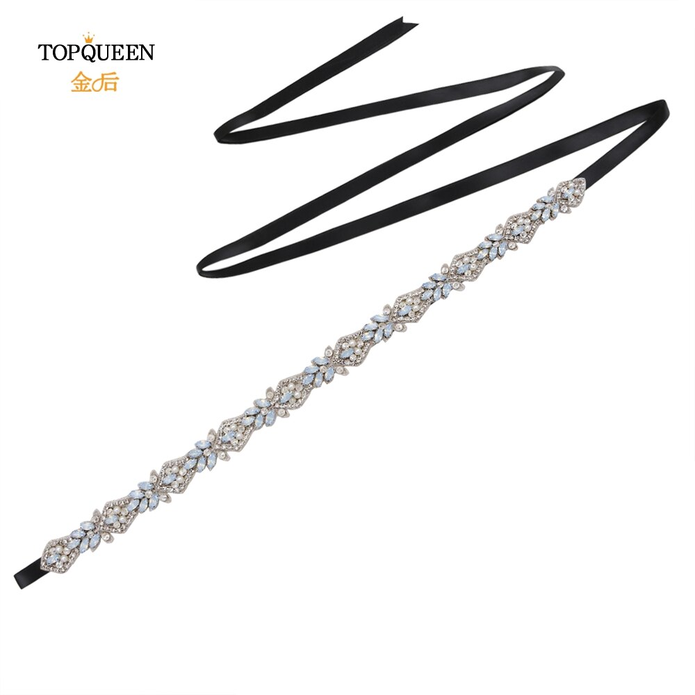 TOPQUEEN-cinturones de novia S485, apliques de cristal de para cinturones de novia, cinturón para vestido de bodas con diamantes de imitación, Ópalo: black ribbon