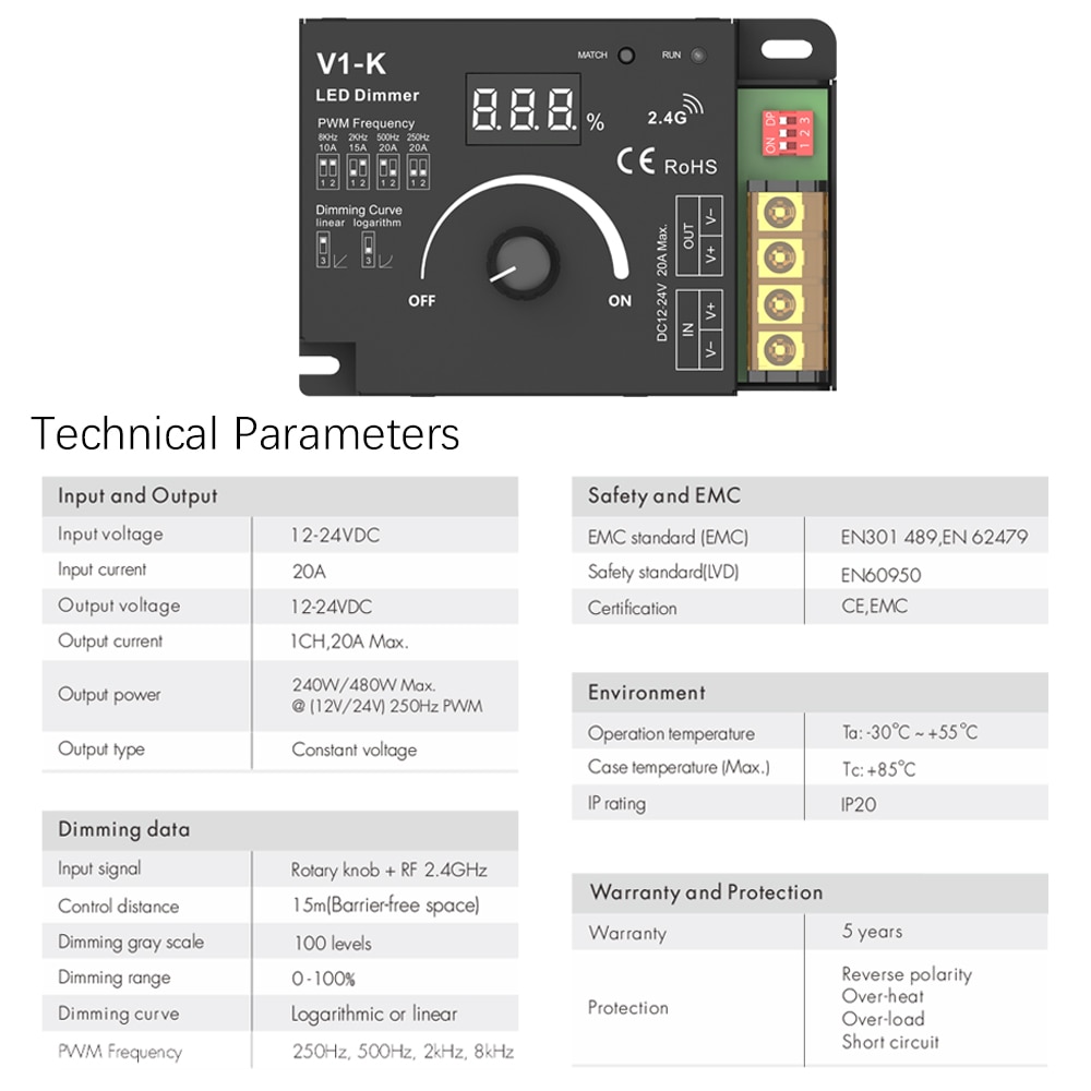 Rotary LED Dimmer DC 12V 24V PWM Wireless Frequency Adjustable 20A Single Color LED Strip Controller Knob 12 Volt Dimmer Switch