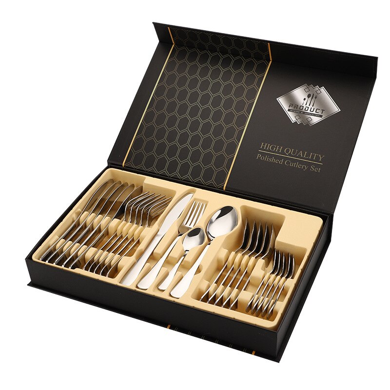 24pcs Gold Tableware Set Stainless Steel Knife Fork Spoon Dinnerware Box Cutlery Set Kitchen Flatware Tools Housewarming: 1010-silver