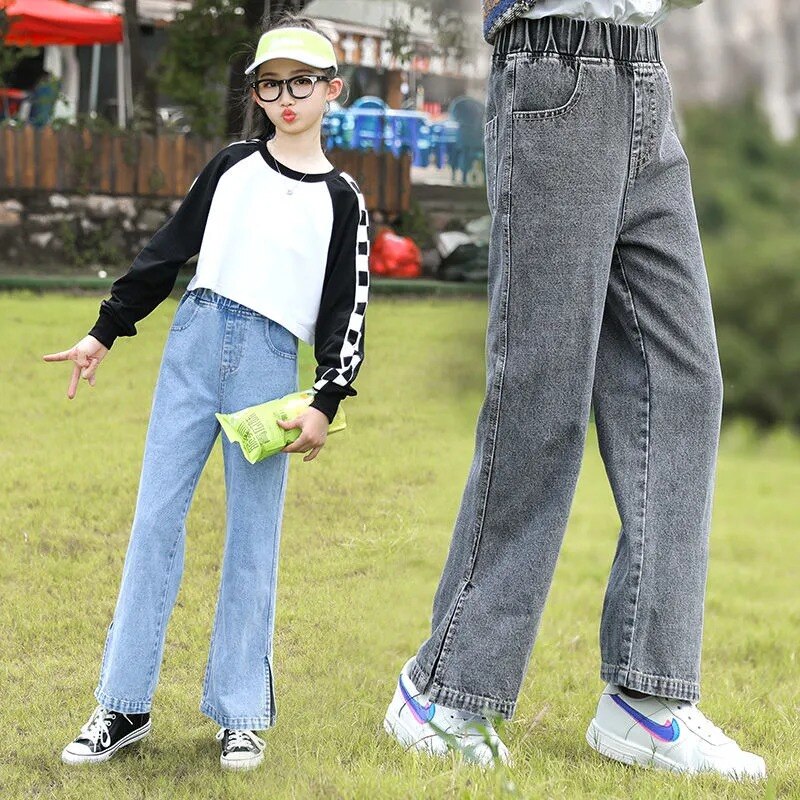 Pantalones vaqueros azules coreanos para niñas y adolescentes, pantalón largo de pierna ancha, para primavera, 4, 5, 6, 8, 9, 10, 12, 14 y 16 años