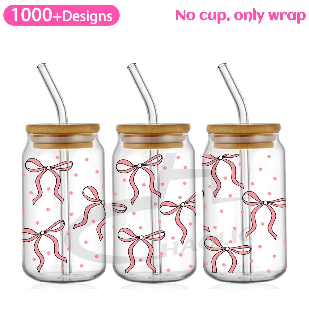 Roze zwierige strikken UV DTF Cup Wrap voor 16oz Libbey bierglas kan mooie liefde linten schattig girly Cup Wrap UV DTF sticker